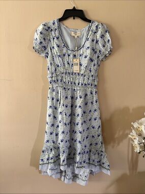 Max Studio Light Blue Floral Ruffled Waist Dress Size Small
